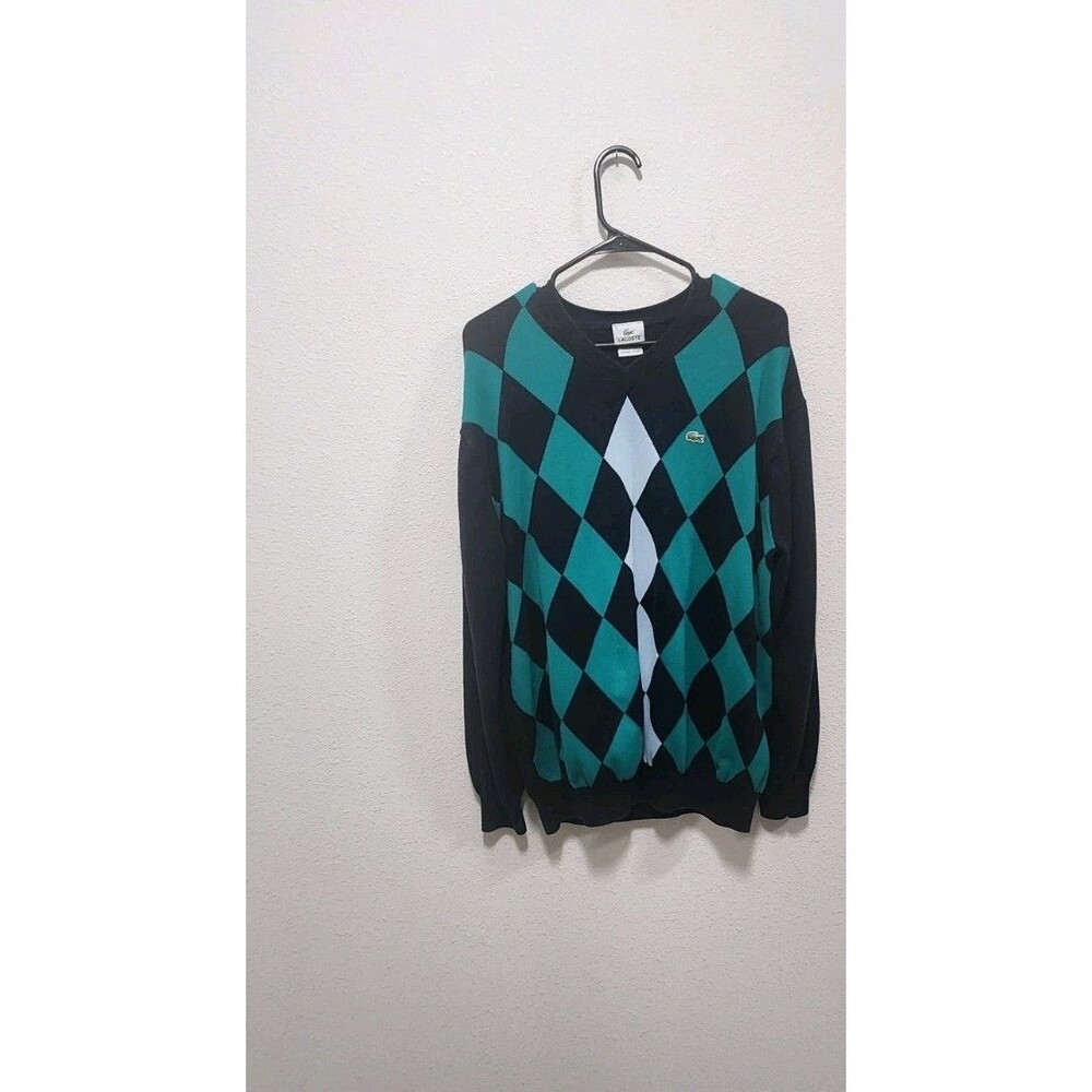 Lacoste Pullover Argyle V-Neck Sweater Men's Sz 7/L Long Sleeve Logo Blue Green
